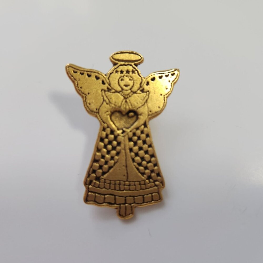 Gold-Tone Angel Lapel Pin With Heart Cutout & Textured Design 1" Tall Metal